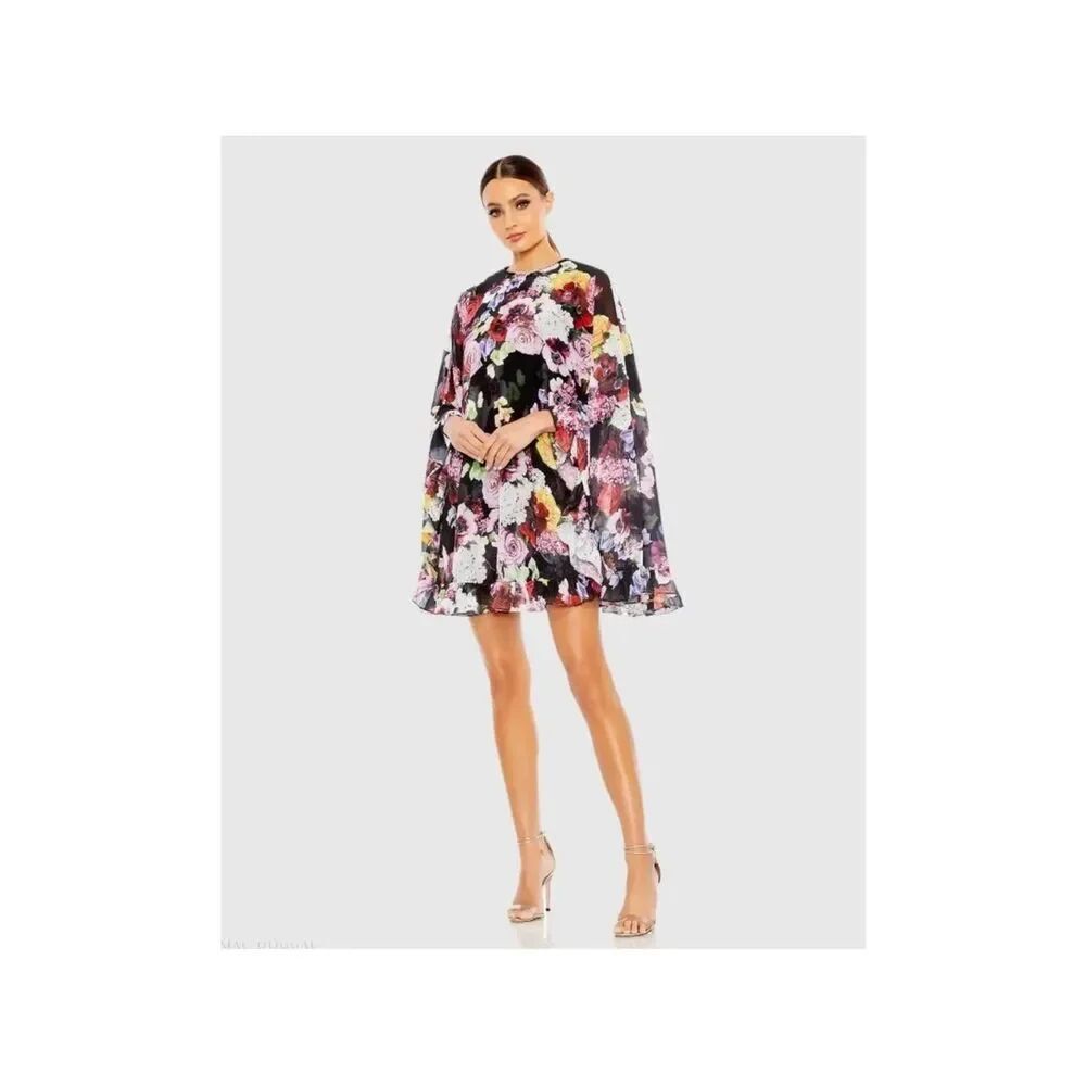 Mac Duggal 55404 Floral Print High Neck Ruffle Hem Cape Mini Dress $398